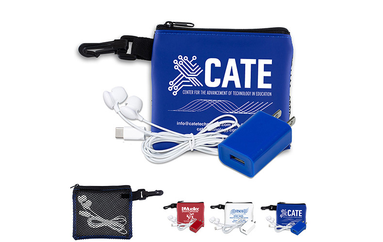 Mobile Tech Earbud and Charger Kit in Mesh Zipper Pouch Components inserted into Zipper Pouch